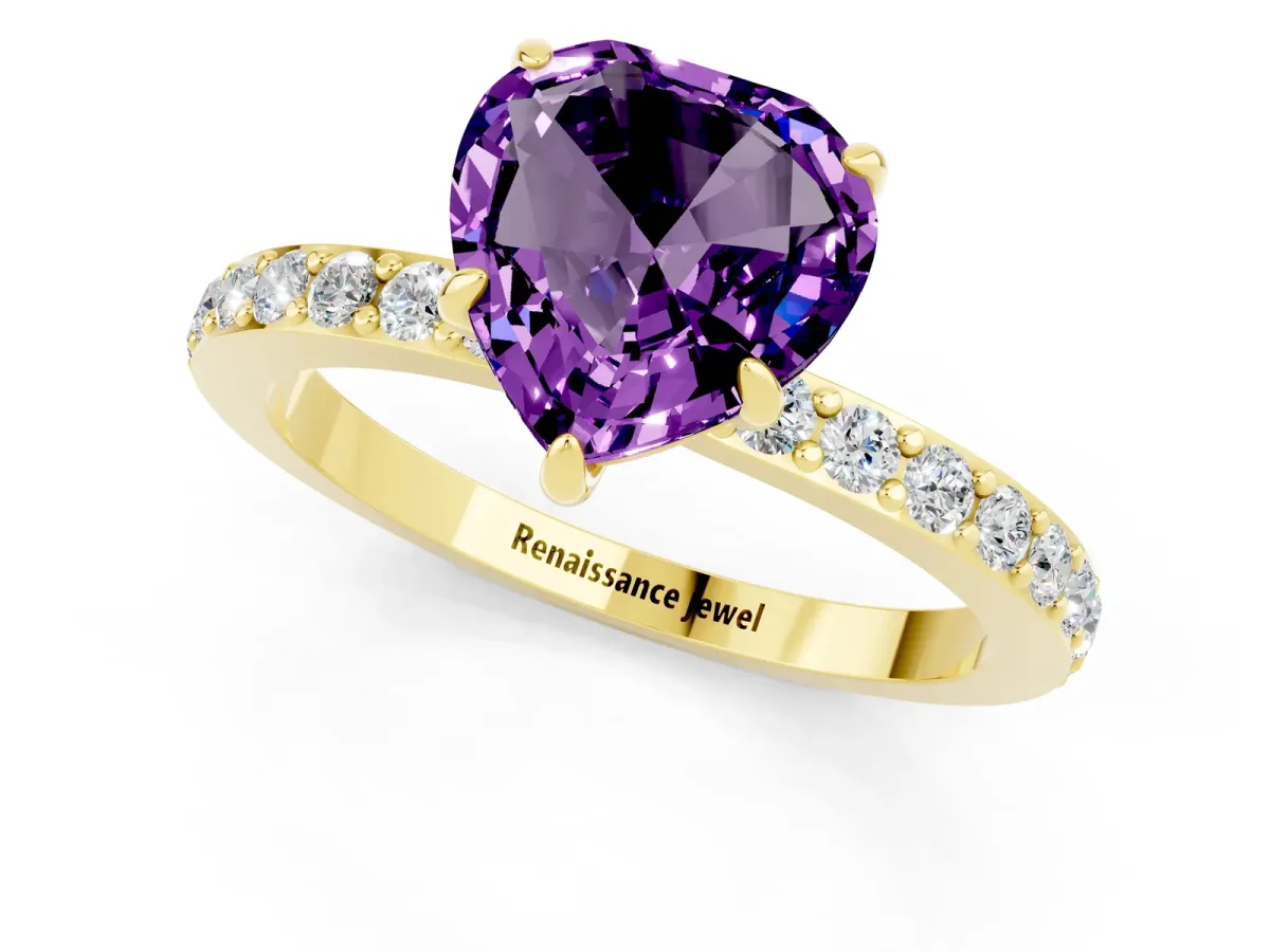 Heart Cut Amethyst Solitaire Engagement Ring with Pavé Band and Four-Prong Setting Yellow gold