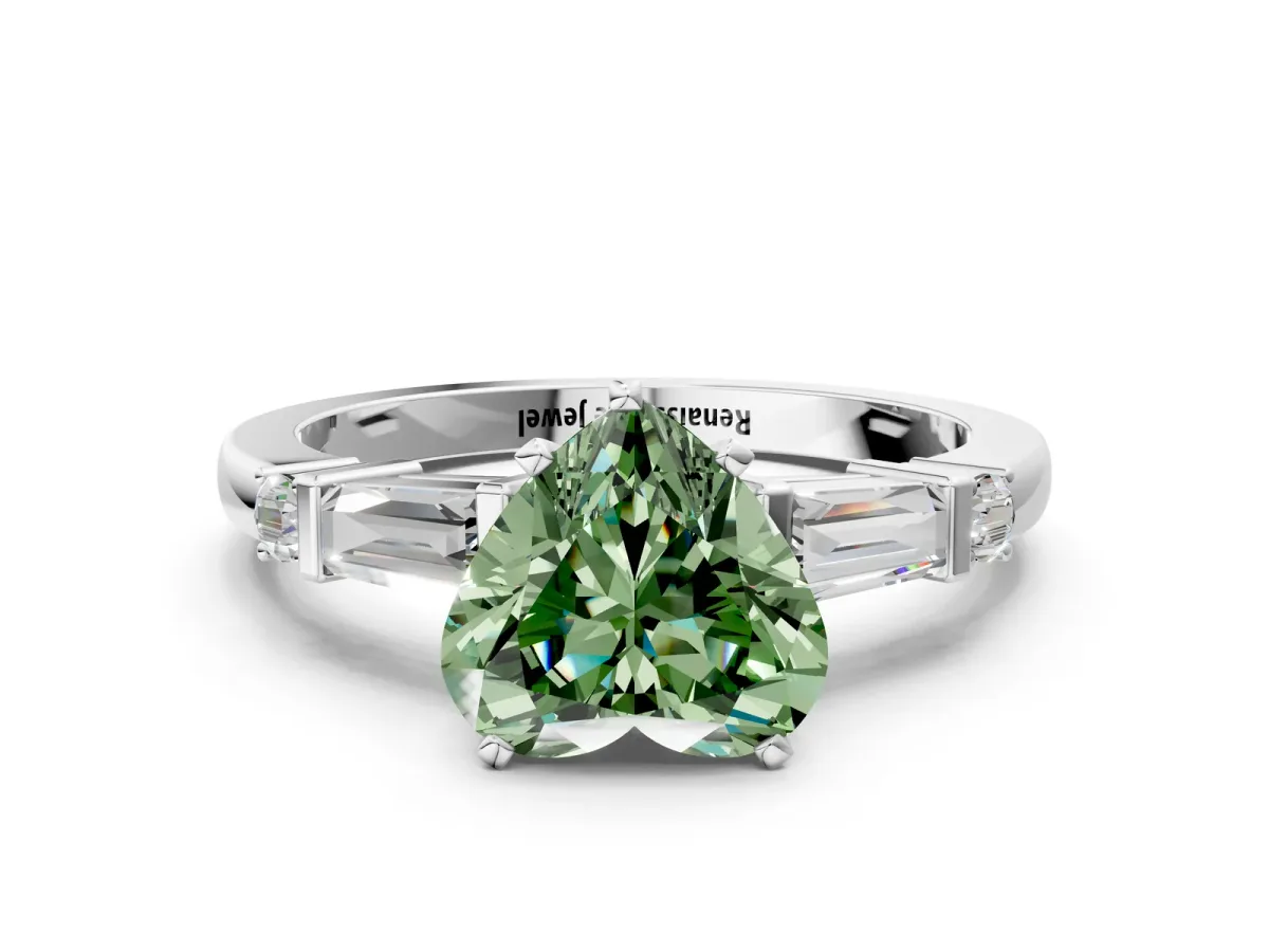 Fancy Green Heart Cut Cut Diamond Ring with Baguette Side Stones, Channel Set Band, and Four-Prong Setting Platinum
