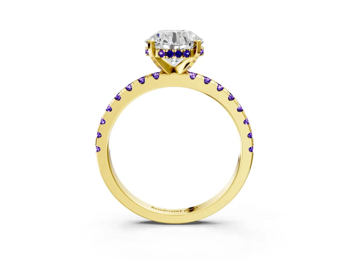 Round Cut Diamond Solitaire Ring with Round Tanzanite Pavé Band and Four-Prong Setting Yellow gold