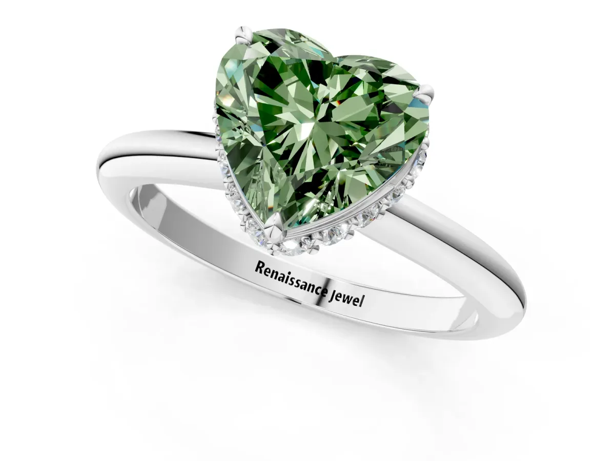 Fancy Green Heart Cut Brilliant Solitaire Engagement Ring with Six-Prong Setting and Classic Band Platinum