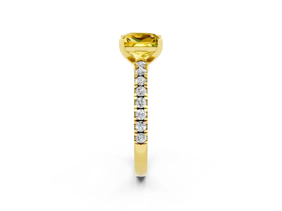 Princess Cut Solitaire Yellow Sapphire with Pavé Band and Four-Prong Setting Yellow gold