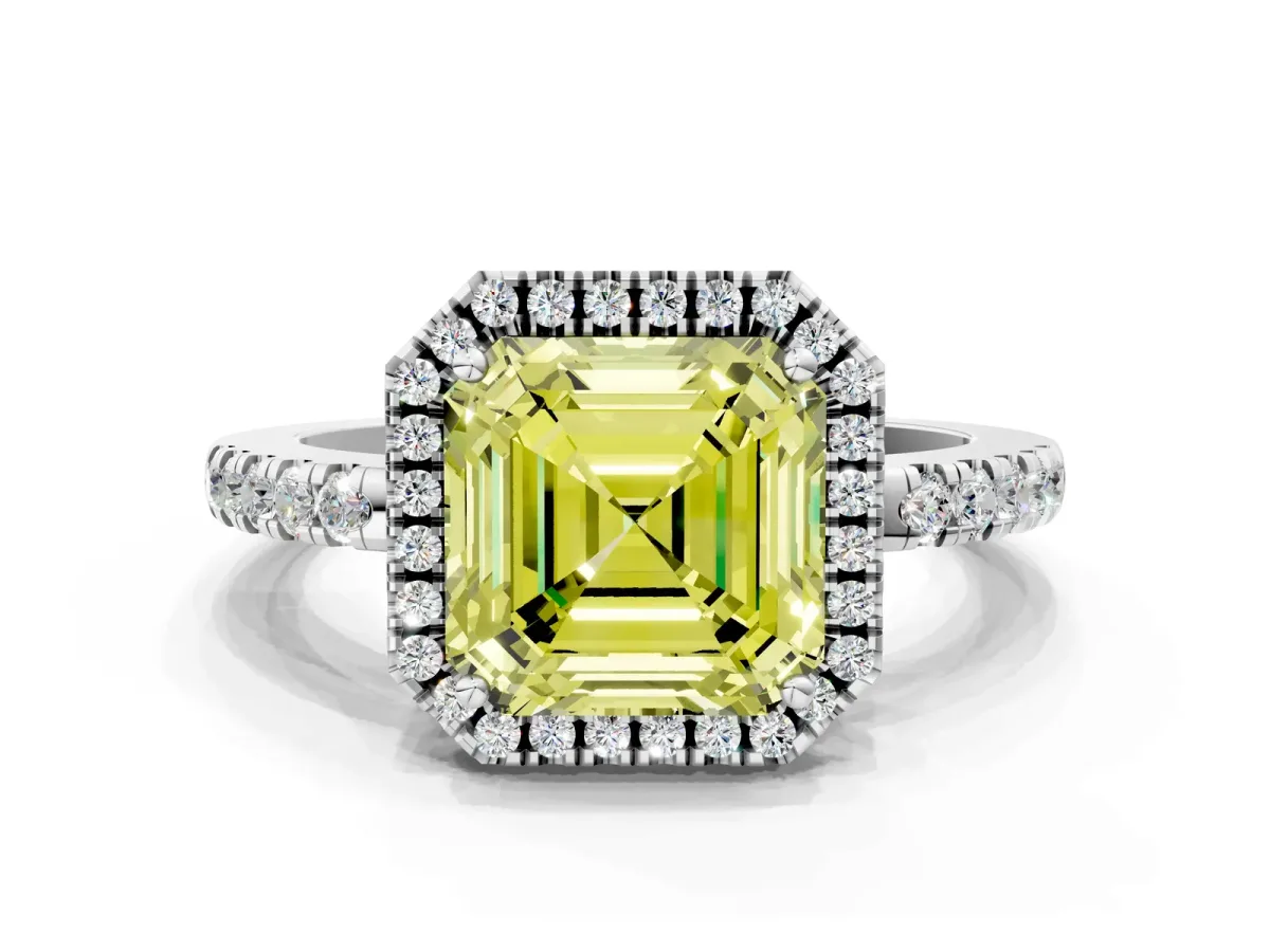 Fancy Yellow Asscher Cut Halo Diamond Engagement Ring with Pavé Band and Four-Prong Setting Platinum