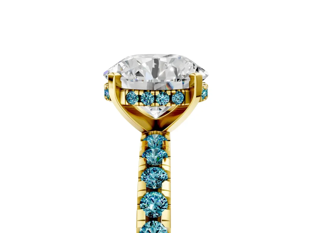 Round Cut Diamond Solitaire Ring with Round Blue Topaz Pavé Band and Four-Prong Setting Yellow gold