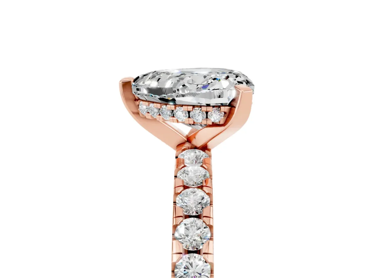Heart Cut Moissanite Solitaire Ring with Round Pavé Band and Four-Prong Setting Rose gold
