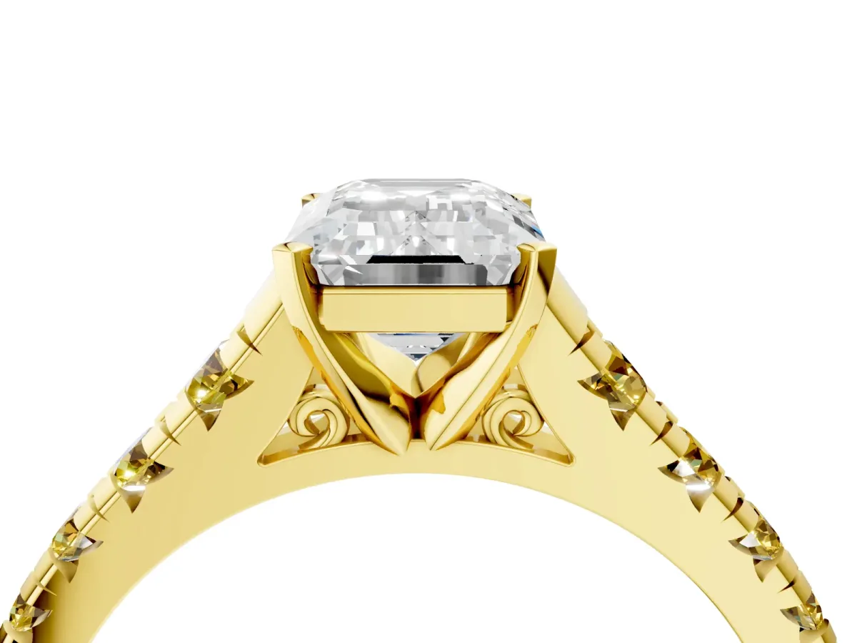 Emerald Cut Diamond Cathedral Solitaire Ring with Round Yellow Sapphire Pavé Band Yellow gold