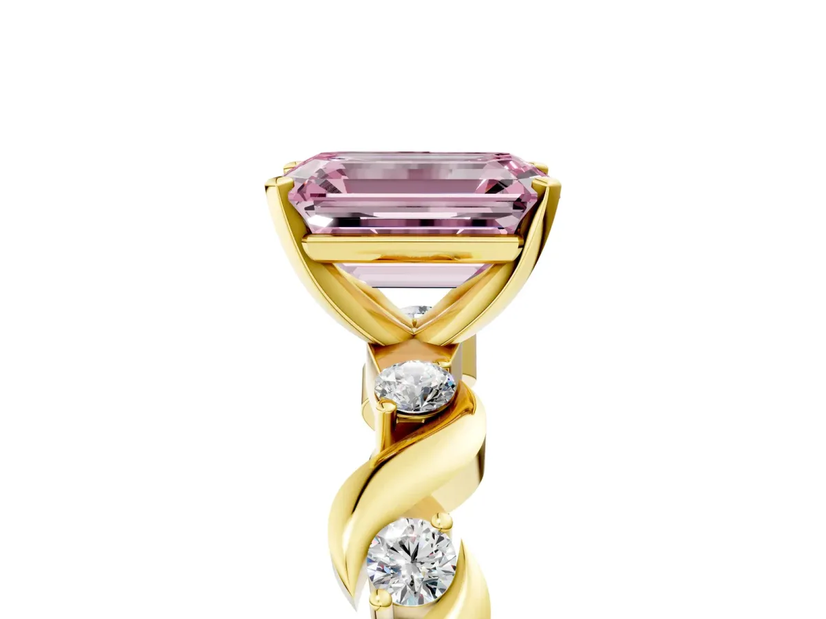 Fancy Pink Emerald Cut Diamond Solitaire Twisted Band with Round Accents and Prong Setting Yellow gold