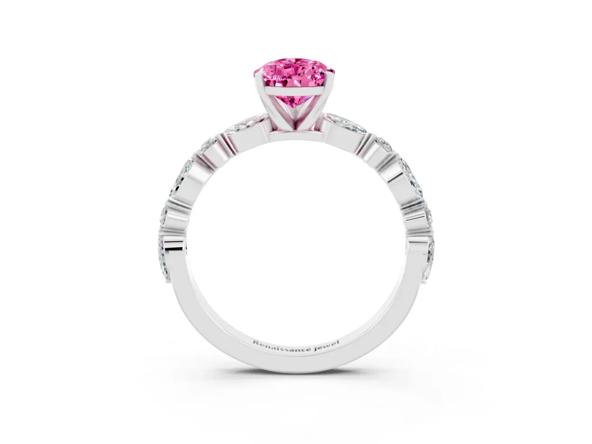 Pear Cut Pink Sapphire Ring with Marquise and Round Side Stones and Four-Prong Setting White gold