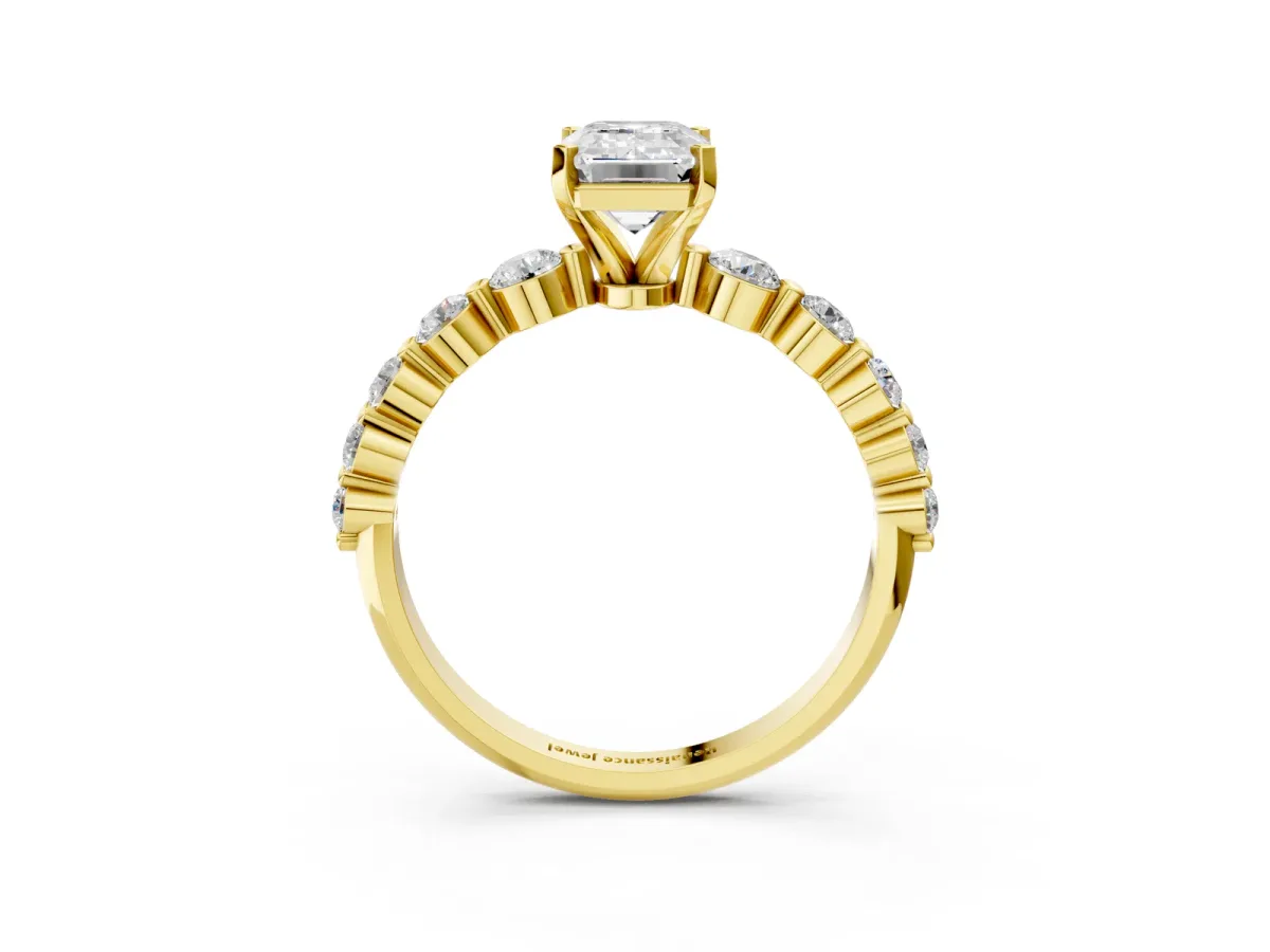 Emerald Cut Solitaire Diamond Ring with Pave Band and Four-Prong Setting Yellow gold