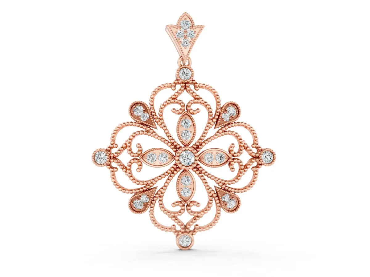 Vintage Floral Diamond Pendant with Round Brilliant Cut and Pavé Setting Rose gold