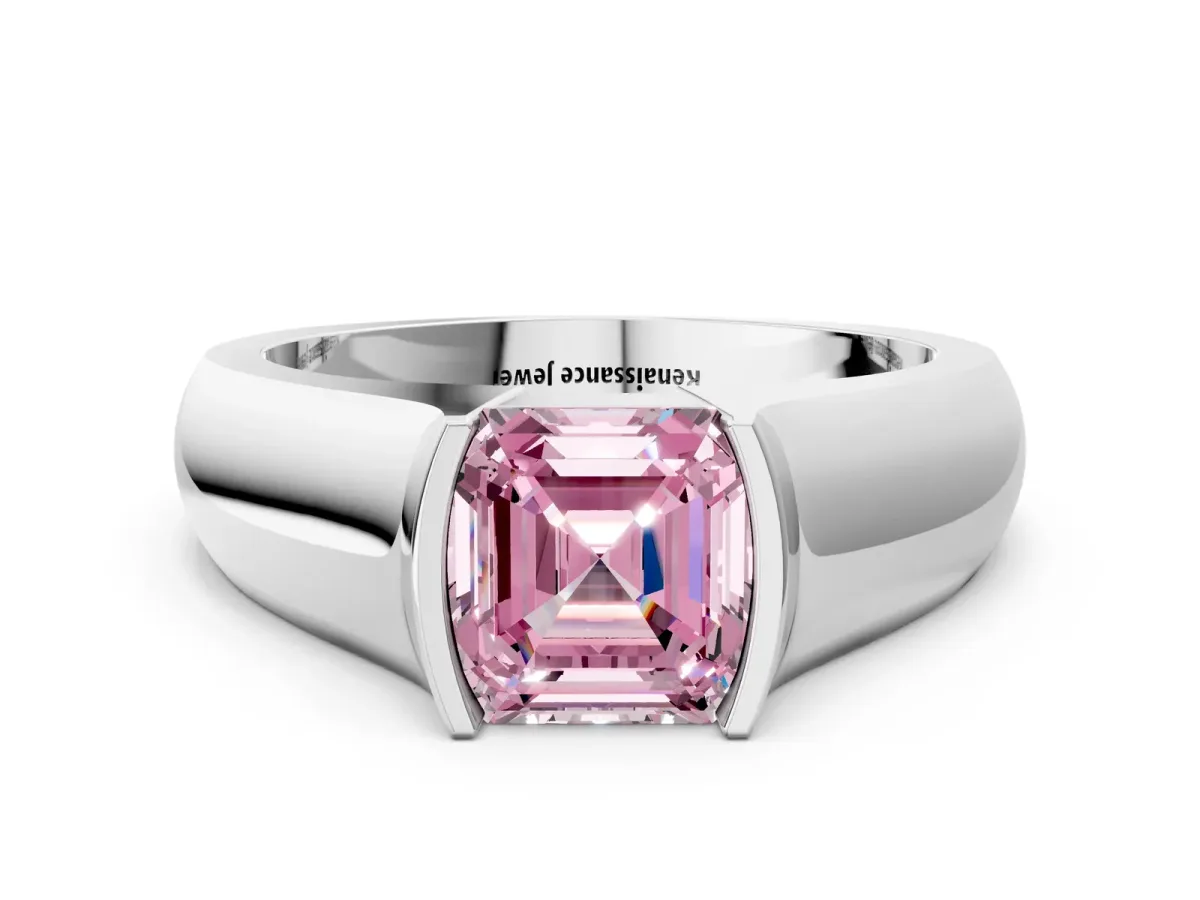Fancy Pink Asscher Cut Solitaire Bezel Set Diamond Ring with Wide Band Platinum