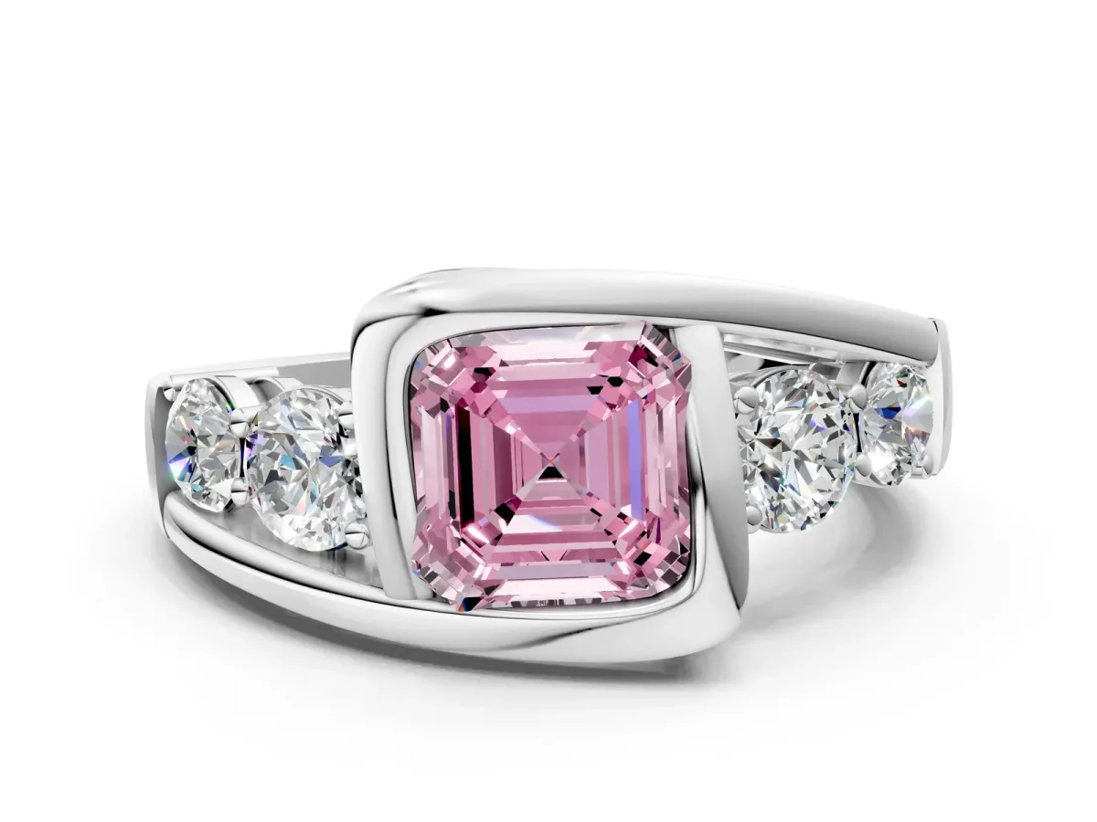 Fancy Pink Bezel Set Asscher Cut Diamond Bypass Ring with Round Accents White gold