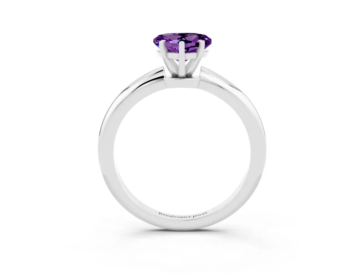 Heart Cut Amethyst Solitaire Ring with Six-Prong Setting and Classic Band Silver
