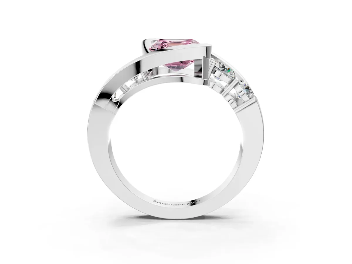 Fancy Pink Bezel Set Asscher Cut Diamond Bypass Ring with Round Accents White gold