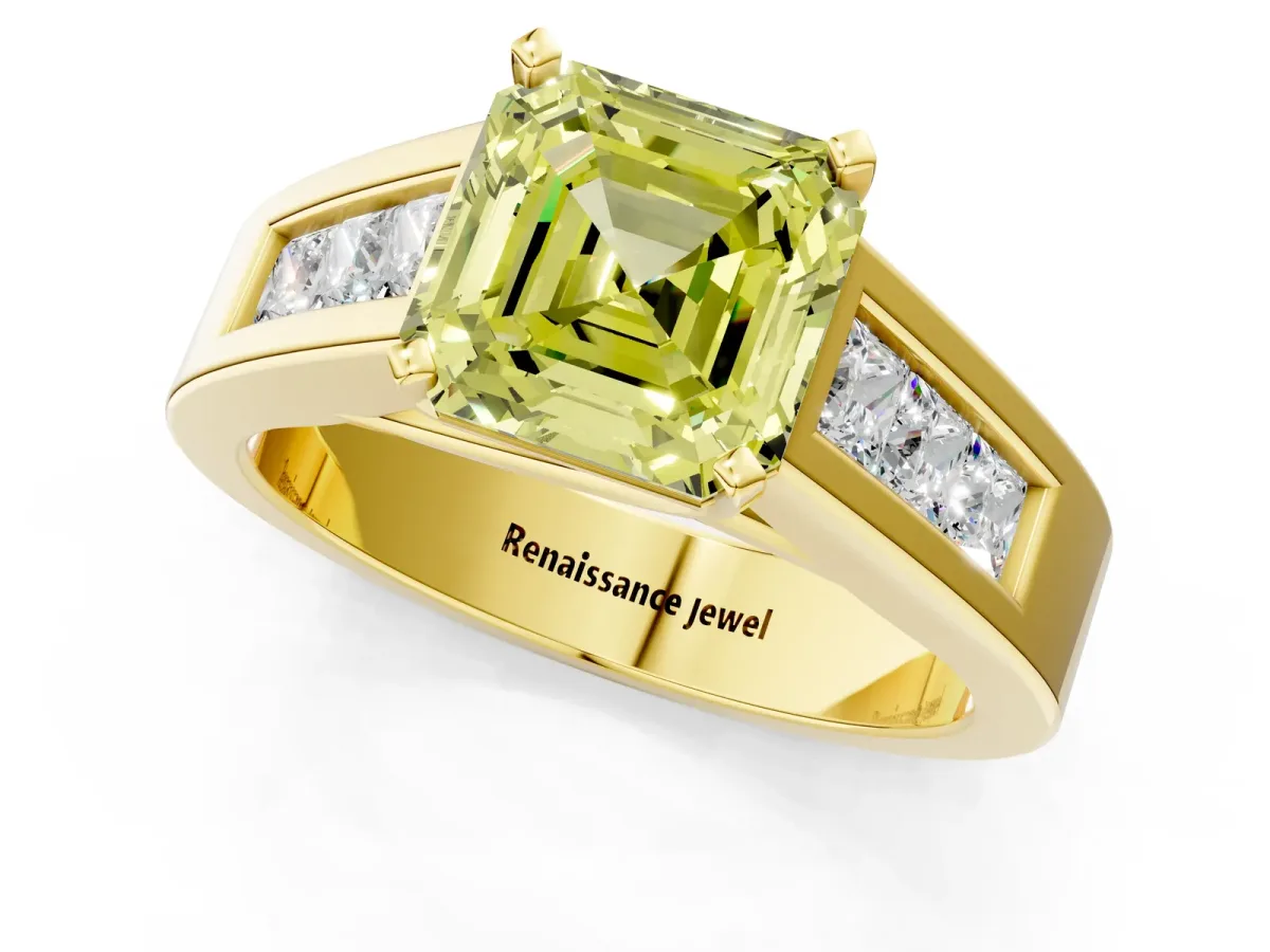 Fancy Yellow Asscher Cut Cut Channel Set Solitaire Ring with Four-Prong Setting Yellow gold
