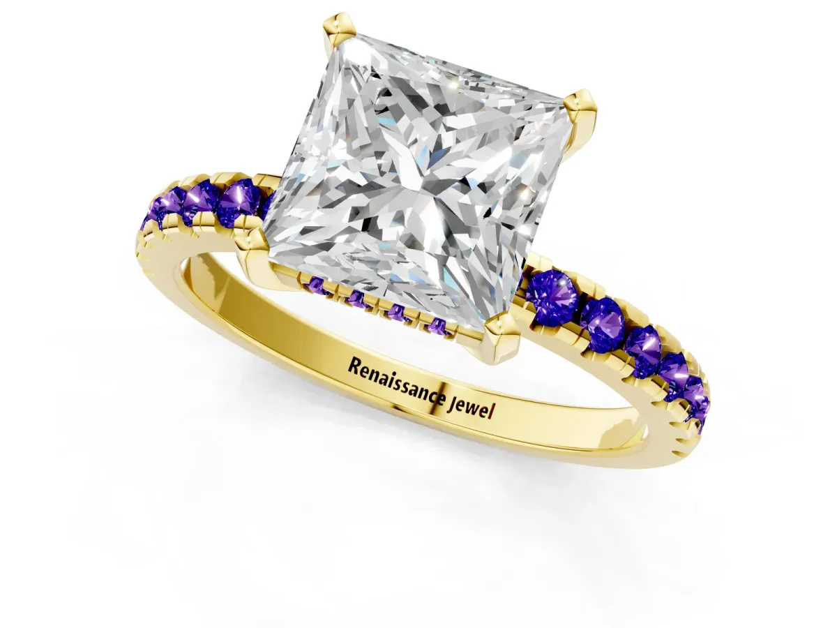Princess Cut Diamond Solitaire Ring with Round Tanzanite Pavé Band and Four-Prong Setting Yellow gold
