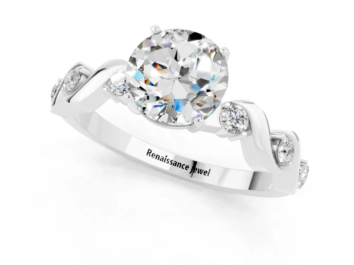 Round Cut Moissanite Solitaire Twisted Band with Round Accents and Prong Setting White gold