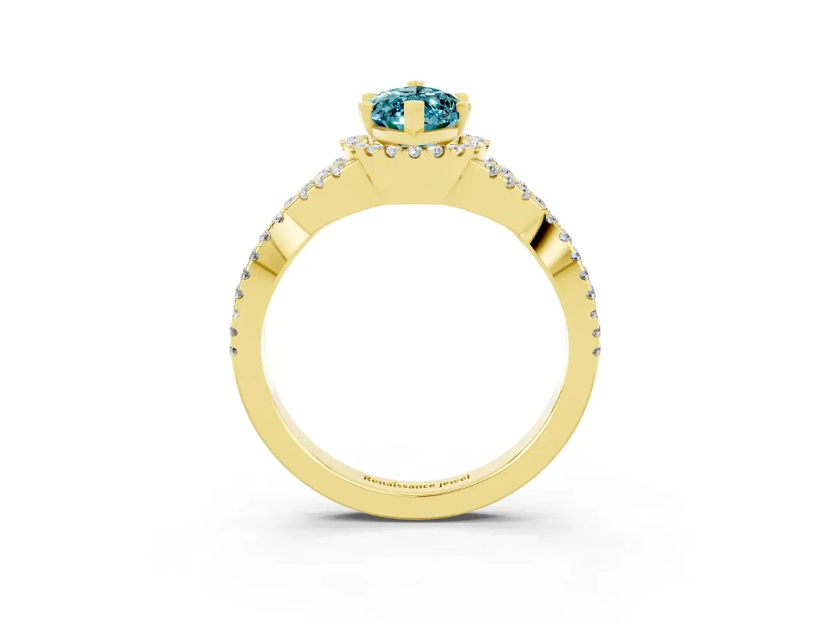 Marquise Cut Blue Topaz Halo Twist Band Solitaire Prong Setting Ring Yellow gold