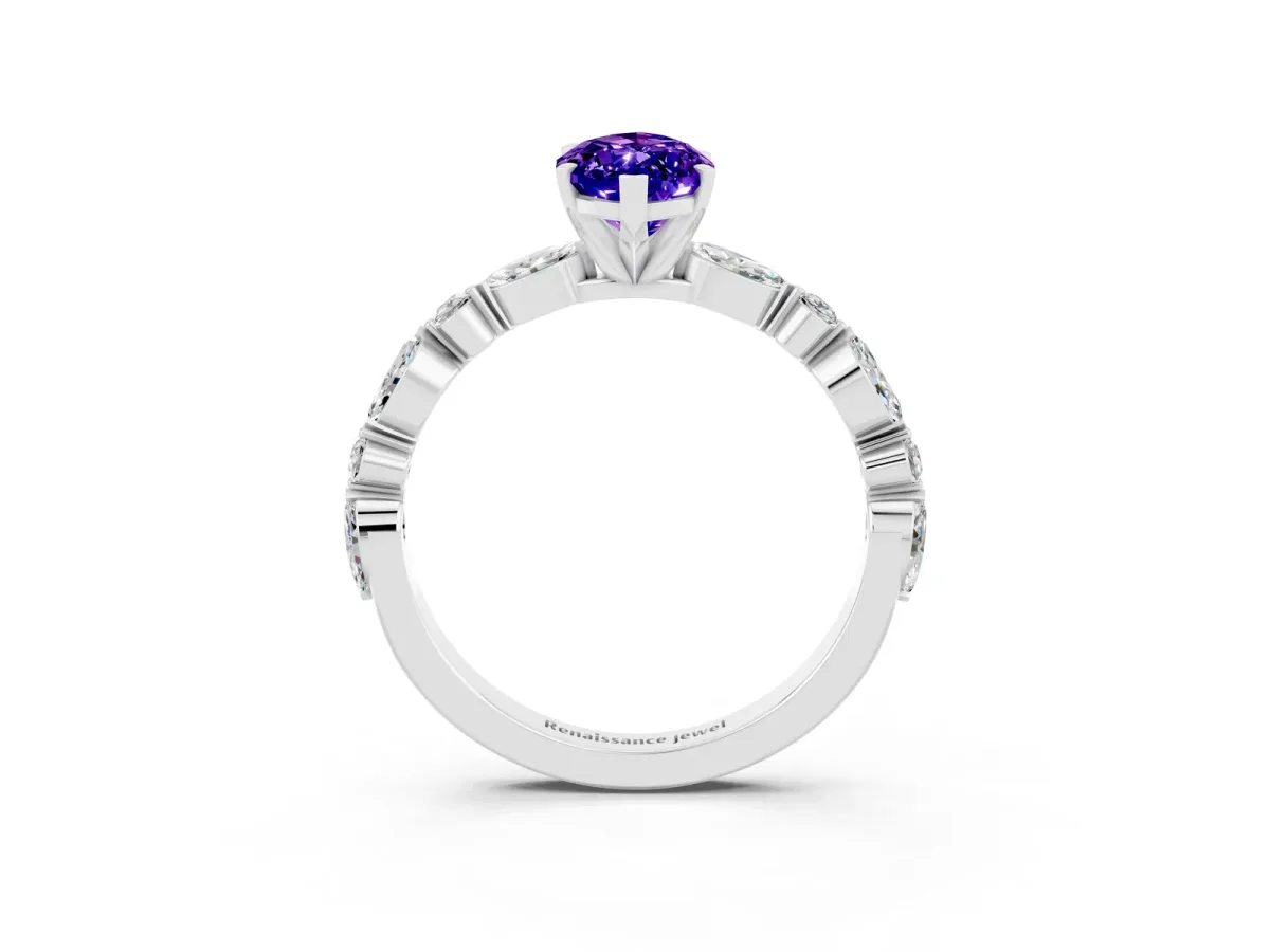 Marquise Cut Tanzanite Ring with Marquise and Round Side Stones and Four-Prong Setting White gold