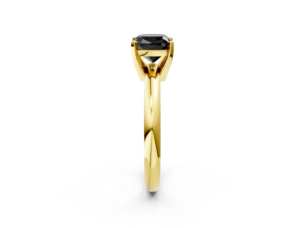 Fancy Black Cushion Cut Diamond Solitaire Engagement Ring with Round Band and Four-Prong Setting Yellow gold