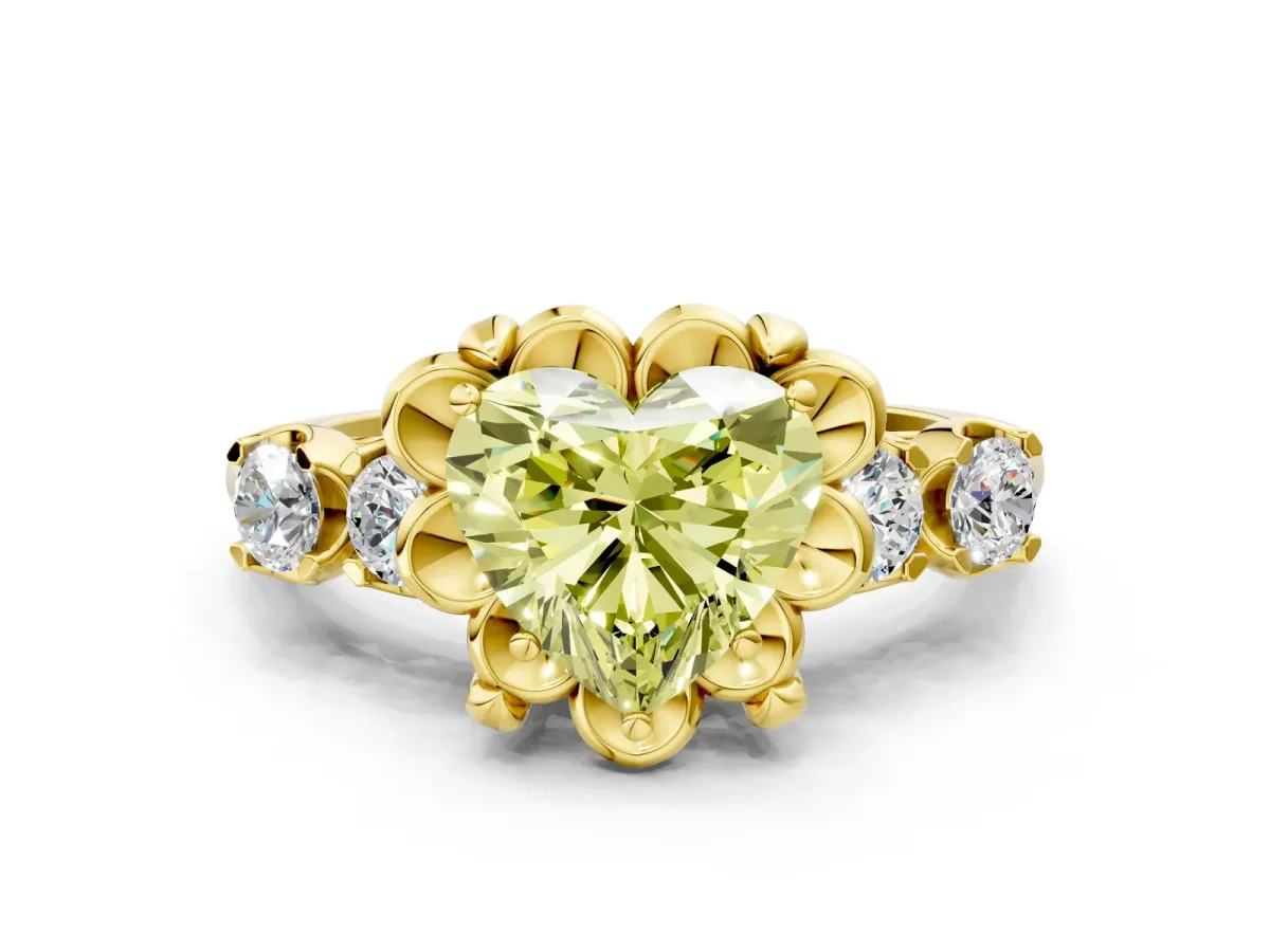 Fancy Yellow Heart Cut Cut Diamond Floral Halo Engagement Ring with Shared Prong Setting Yellow gold