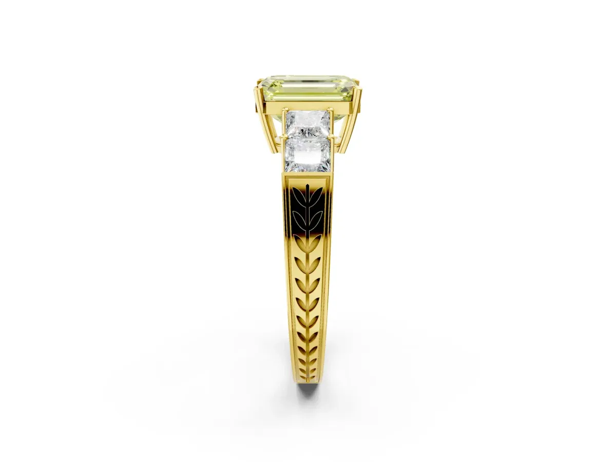 Fancy Yellow Emerald Cut Solitaire Princess Side Stone Engraved Band Prong Setting Ring Yellow gold