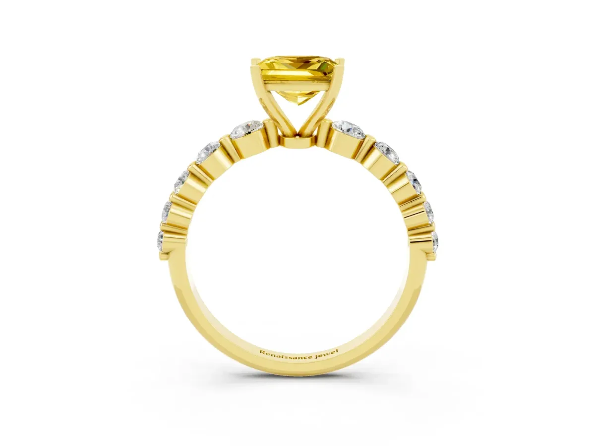 Princess Cut Solitaire Yellow Sapphire Ring with Pave Band and Four-Prong Setting Yellow gold