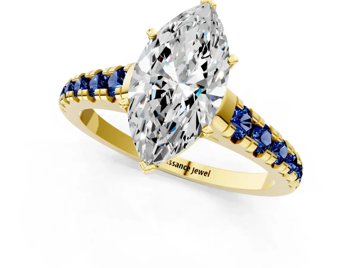 Marquise Cut Diamond Cathedral Solitaire Ring with Round Blue Sapphire Pavé Band Yellow gold