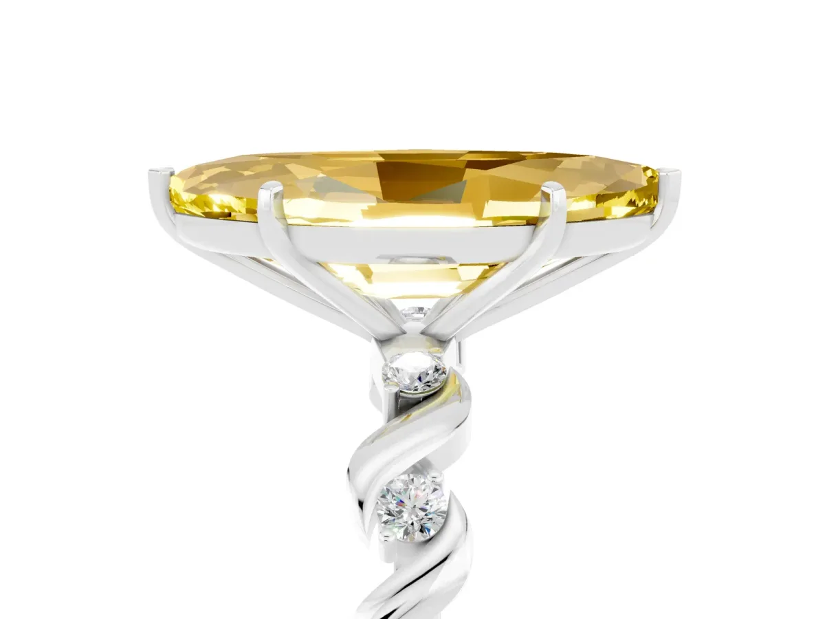 Marquise Cut Yellow Sapphire Solitaire Twisted Band with Round Accents and Prong Setting Platinum