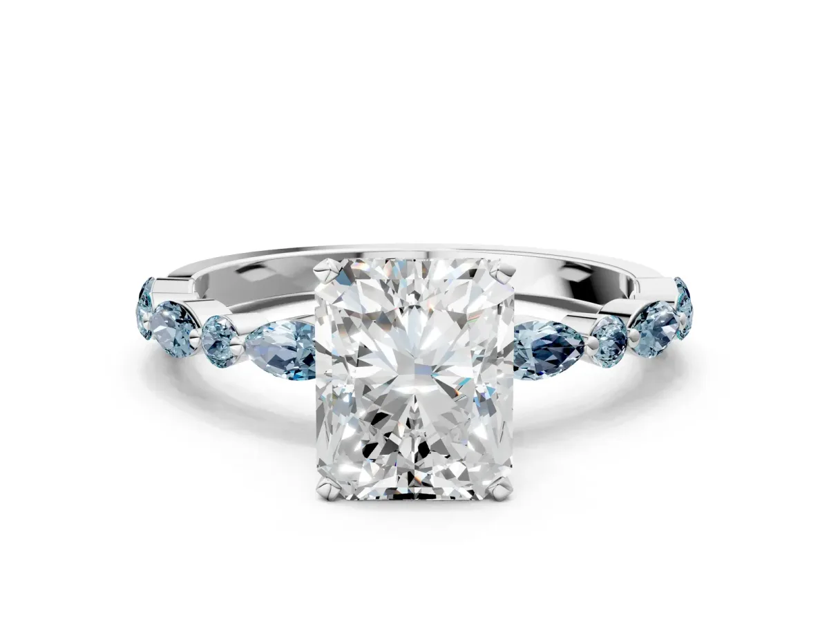 Radiant Cut Diamond Ring with Marquise and Round Aquamarine Side Stones and Four-Prong Setting Platinum