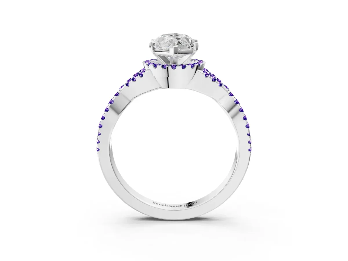 Marquise Cut Diamond Tanzanite Halo Twist Band Solitaire Prong Setting Ring White gold