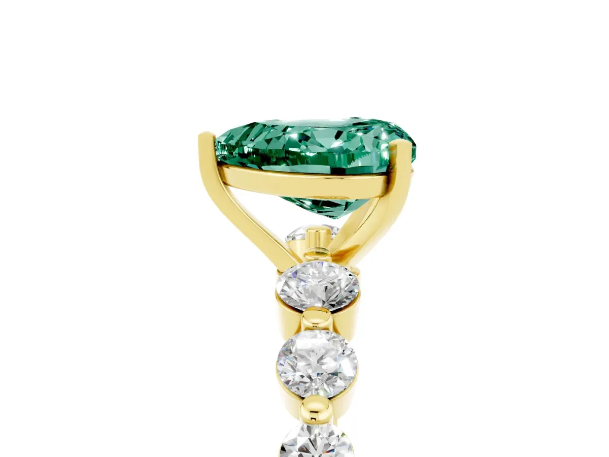 Heart Cut Solitaire Green Sapphire Ring with Pave Band and Four-Prong Setting Yellow gold