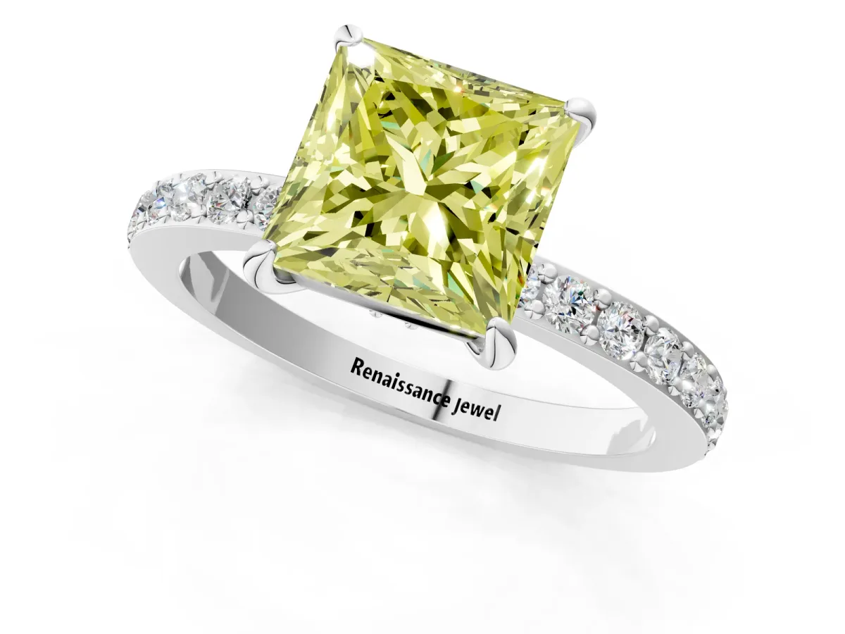 Fancy Yellow Princess Cut Diamond Solitaire Engagement Ring with Pavé Band and Four-Prong Setting White gold