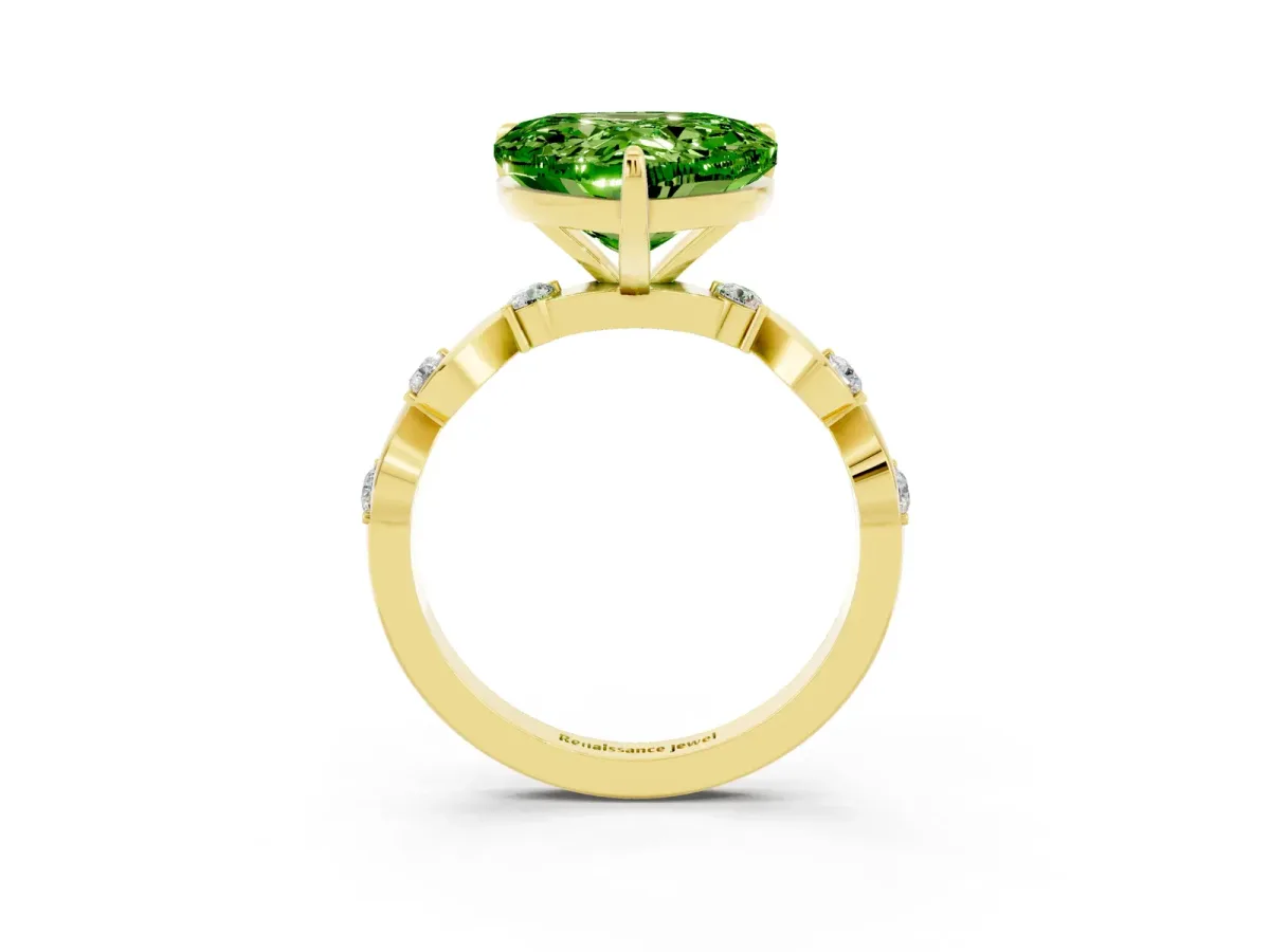Heart Cut Peridot Solitaire Twisted Band with Round Accents and Prong Setting Yellow gold