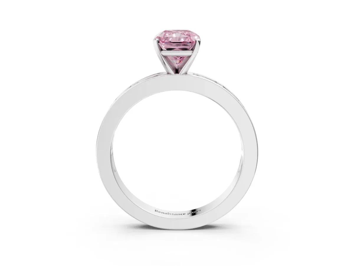 Fancy Pink Radiant Cut Solitaire Diamond Ring with Channel-Set Baguette Band and Four-Prong Setting White gold