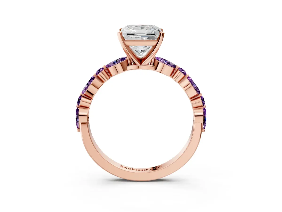 Princess Cut Diamond Ring with Marquise and Round Amethyst Side Stones and Four-Prong Setting Rose gold