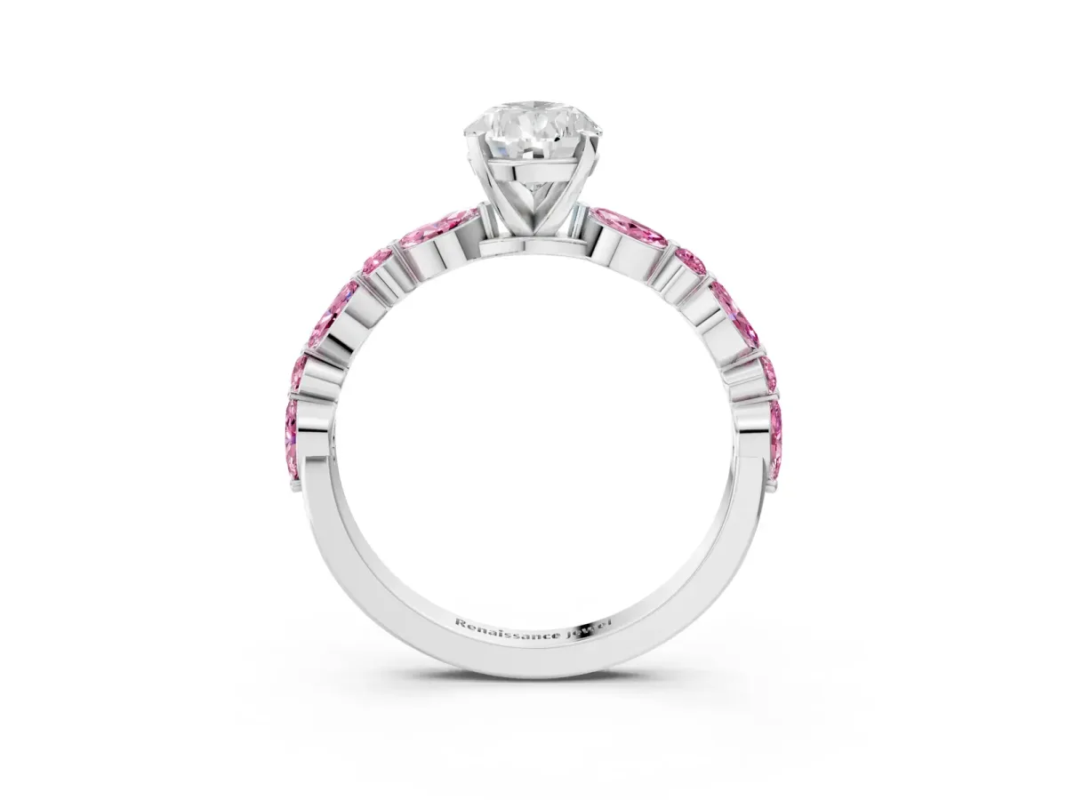Pear Cut Diamond Ring with Marquise and Round Pink Sapphire Side Stones and Four-Prong Setting White gold