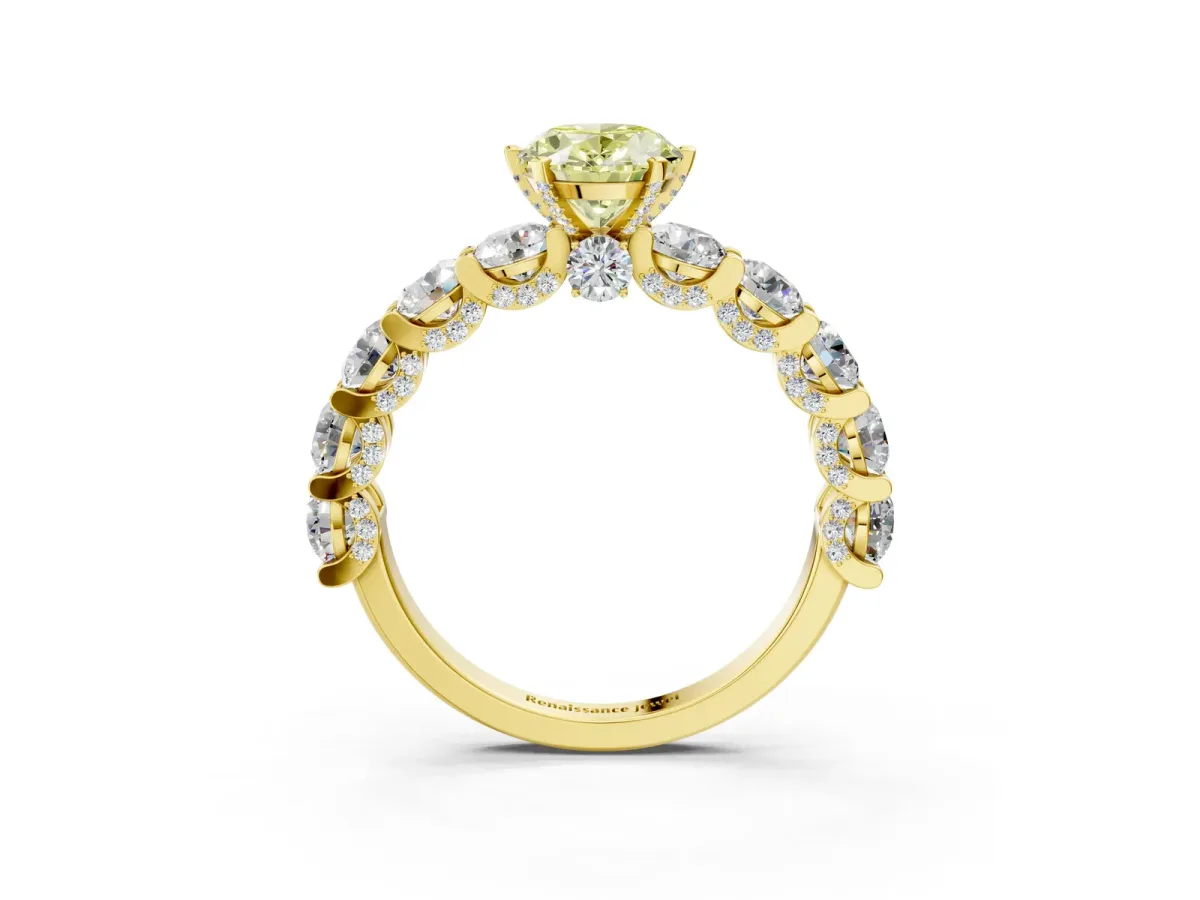 Fancy Yellow Oval Cut Diamond Side Stone Engagement Ring with Four-Prong Setting Yellow gold