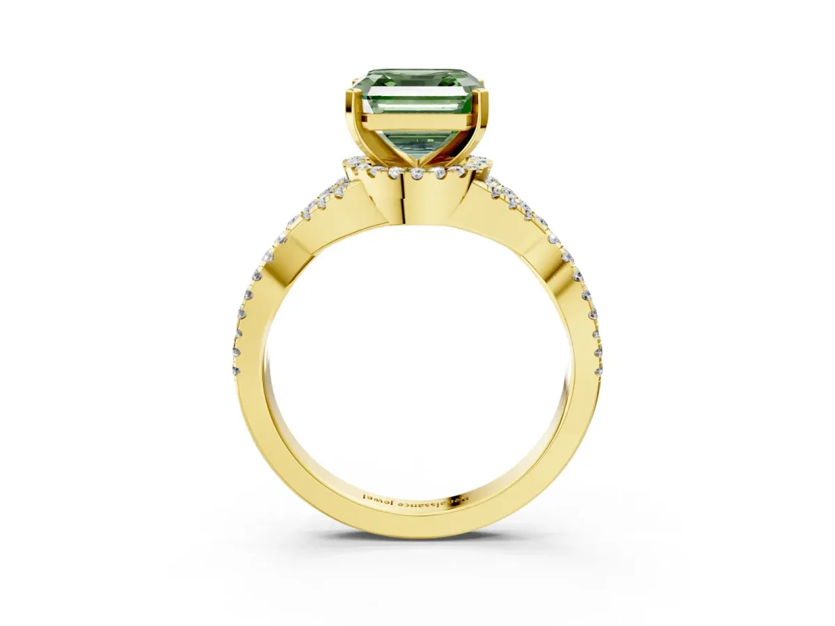 Fancy Green Asscher Cut Diamond Halo Twist Band Solitaire Prong Setting Ring Yellow gold