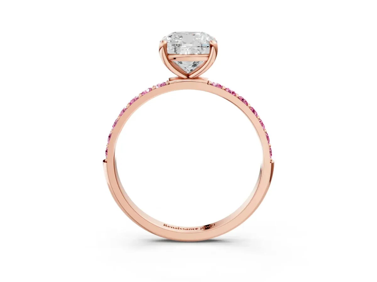 Cushion Cut Diamond Solitaire Ring with Round Pink Sapphire Pavé Band and Prong Setting Rose gold