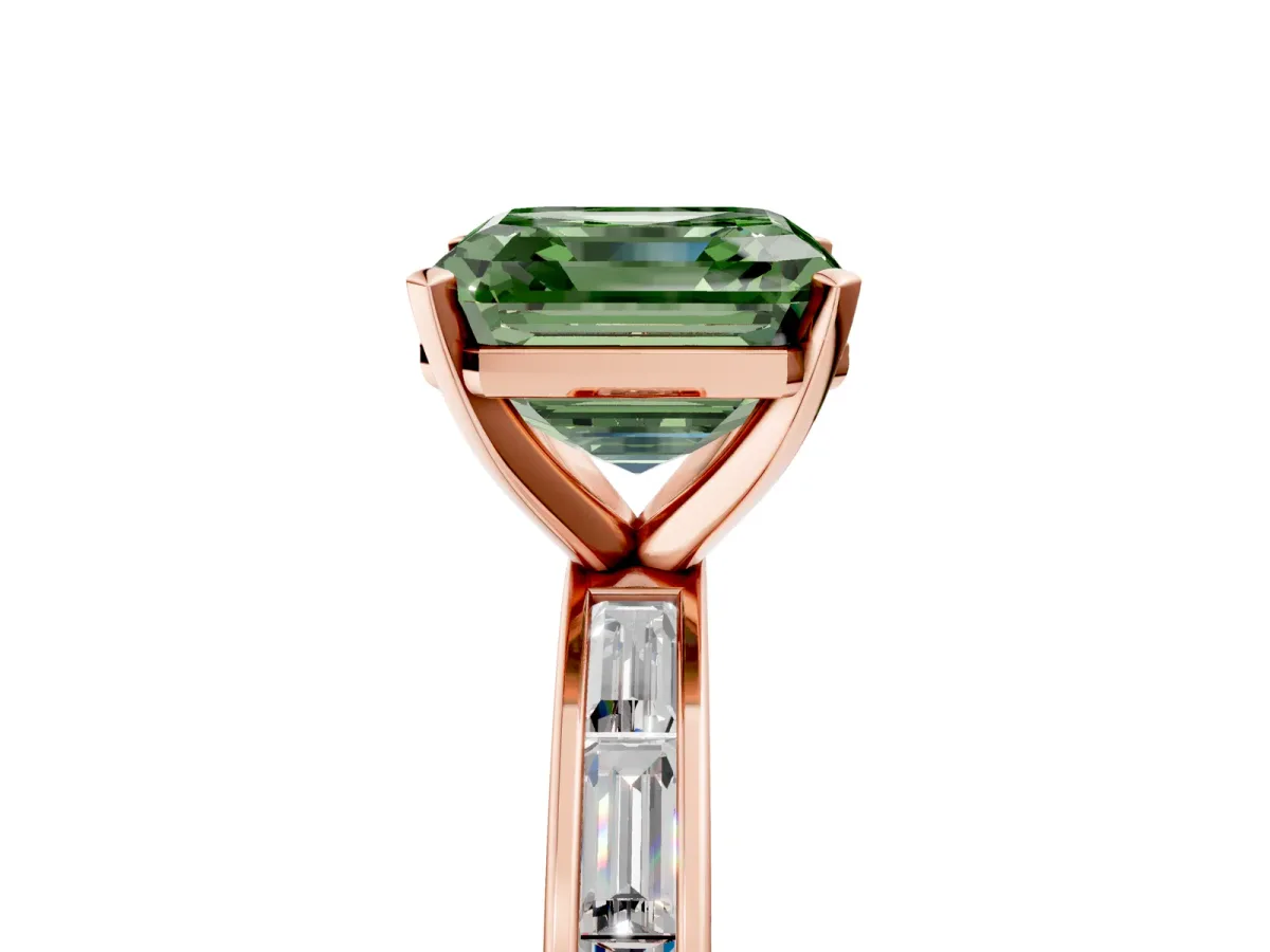 Fancy Green Asscher Cut Solitaire Diamond Ring with Channel-Set Baguette Band and Four-Prong Setting Rose gold