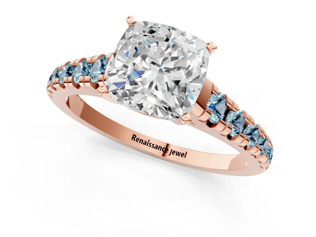 Cushion Cut Diamond Cathedral Solitaire Ring with Round Aquamarine Pavé Band Rose gold