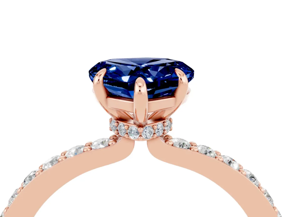 Heart Cut Blue Sapphire Solitaire Engagement Ring with Pavé Band and Four-Prong Setting Rose gold