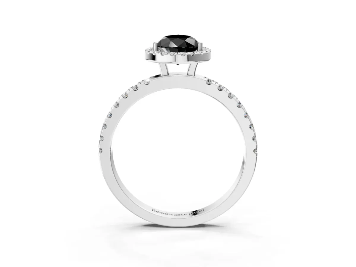 Fancy Black Pear Cut Diamond Classic Halo Engagement Ring with Round Pavé Band and Prong Setting White gold