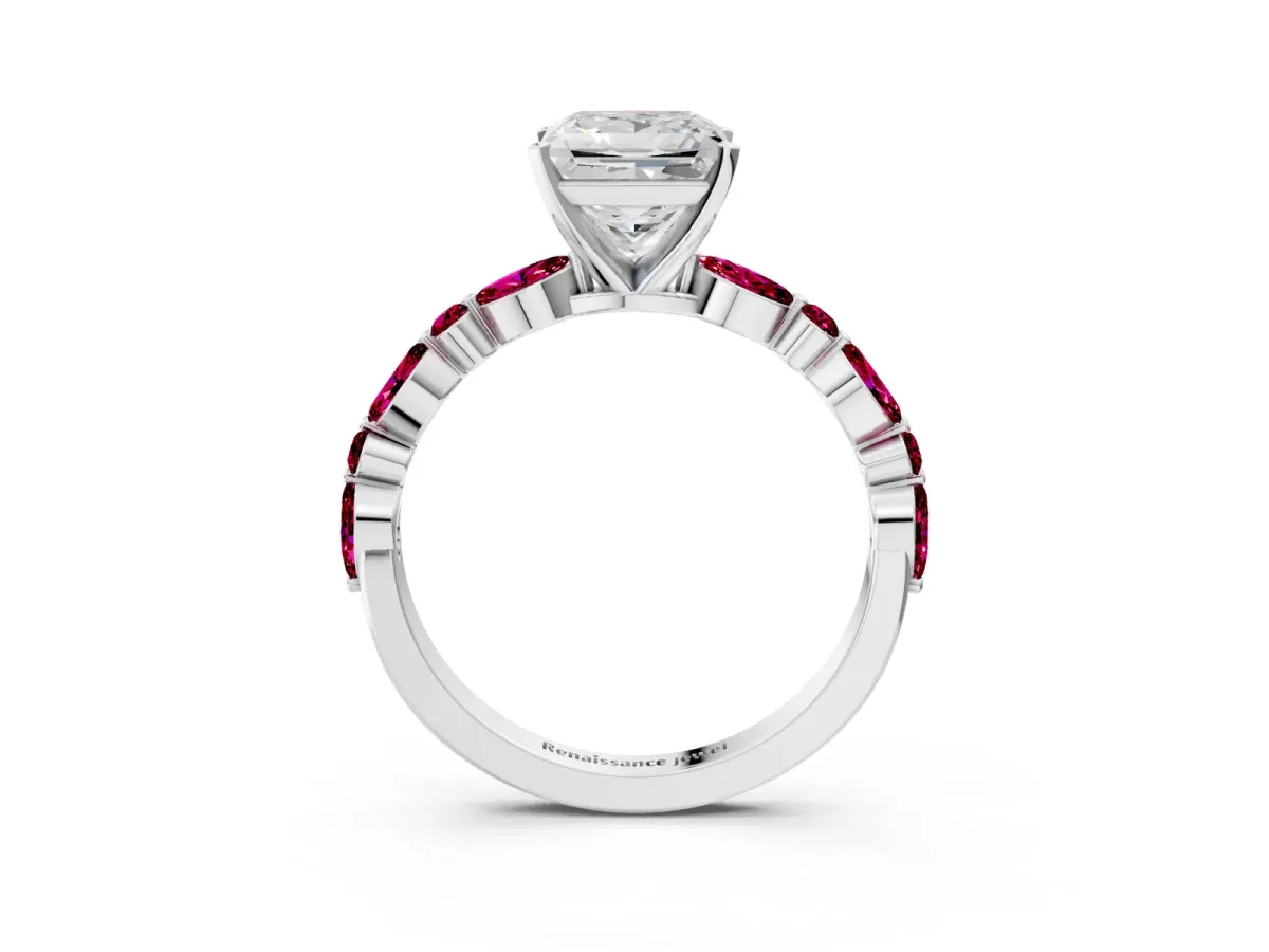 Princess Cut Diamond Ring with Marquise and Round Garnet Side Stones and Four-Prong Setting White gold