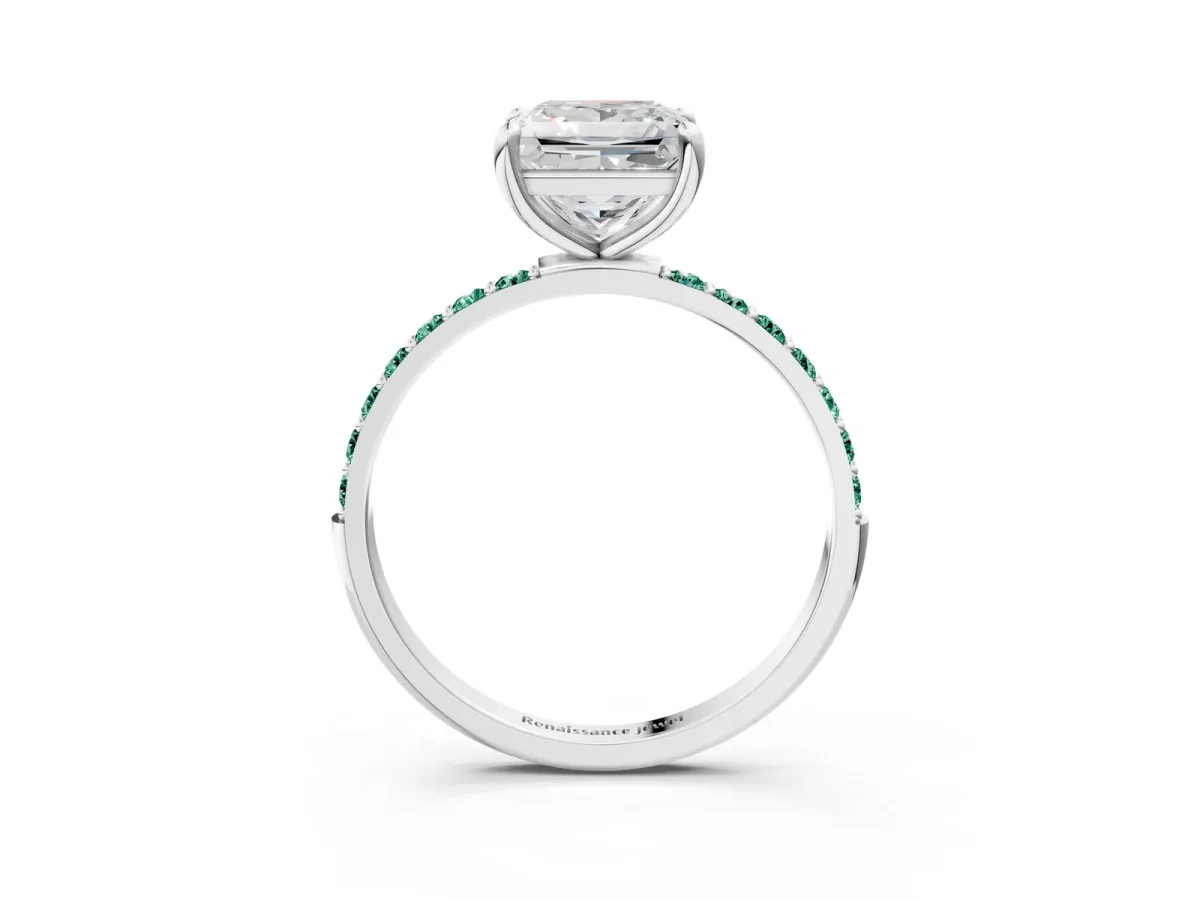 Princess Cut Diamond Solitaire Ring with Round Green Sapphire Pavé Band and Prong Setting White gold