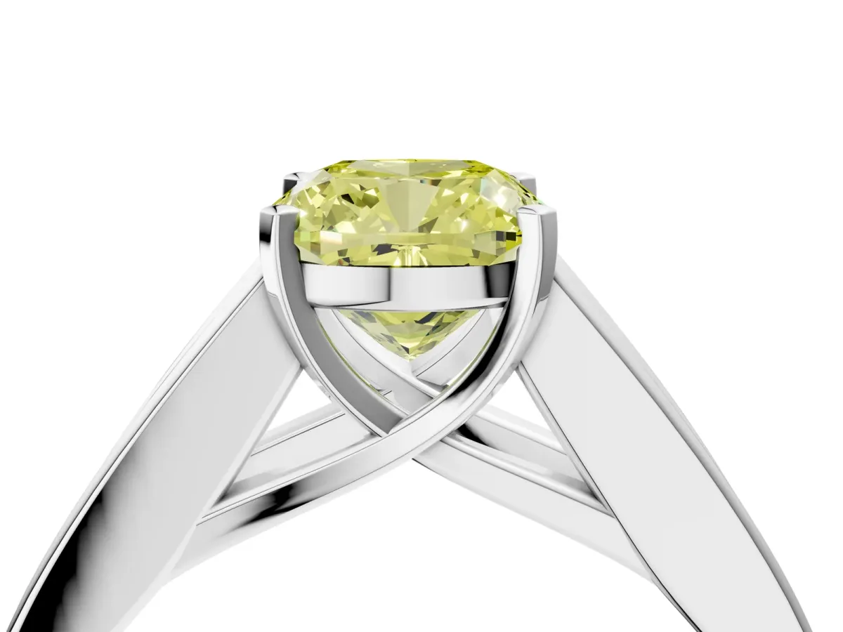 Fancy Yellow Cushion Cut Cut Channel Set Solitaire Ring with Four-Prong Setting White gold
