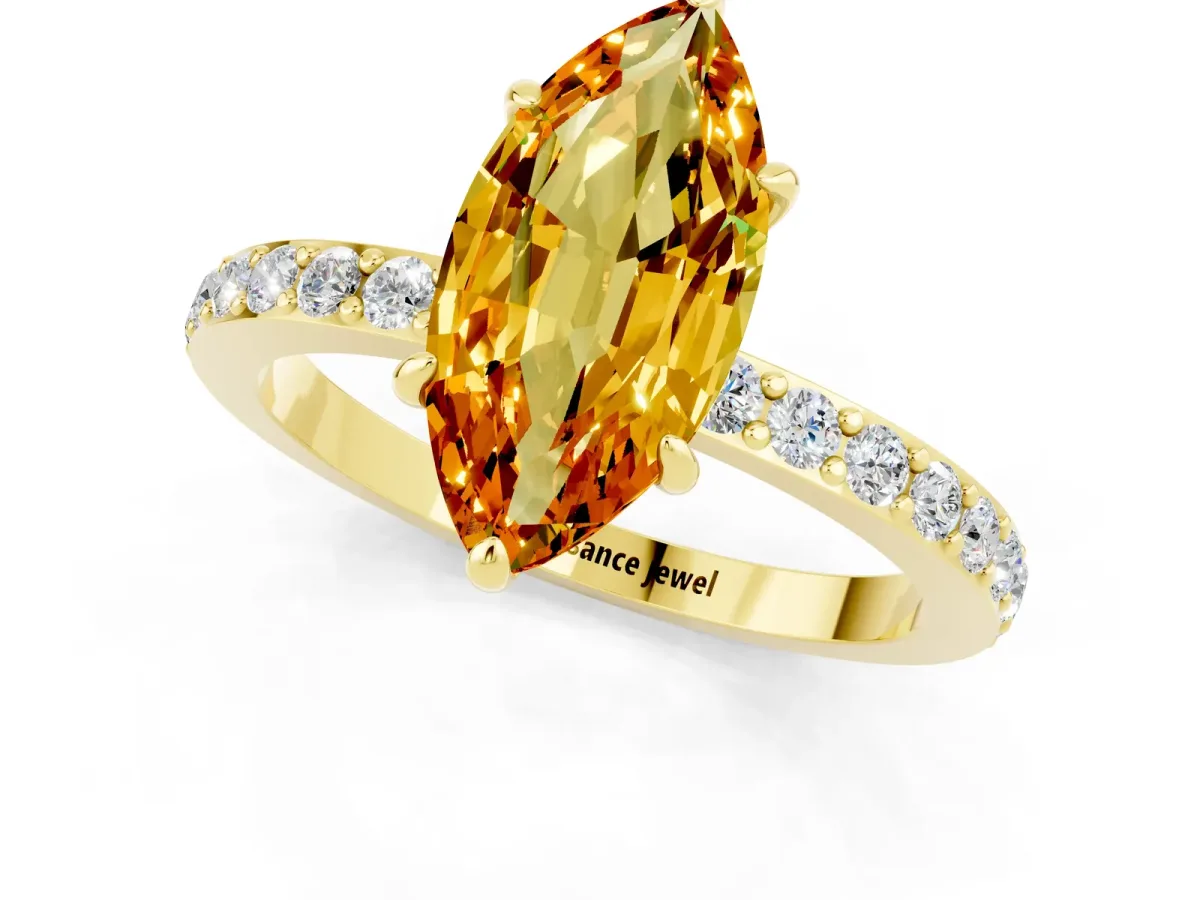 Marquise Cut Citrine Solitaire Engagement Ring with Pavé Band and Four-Prong Setting Yellow gold