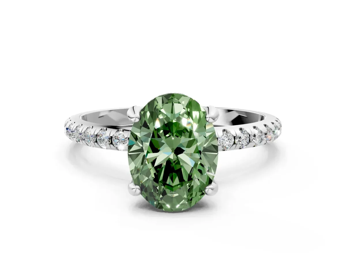 Fancy Green Oval Cut Diamond Hidden Halo Engagement Ring with Round Pavé Band and Prong Setting Silver
