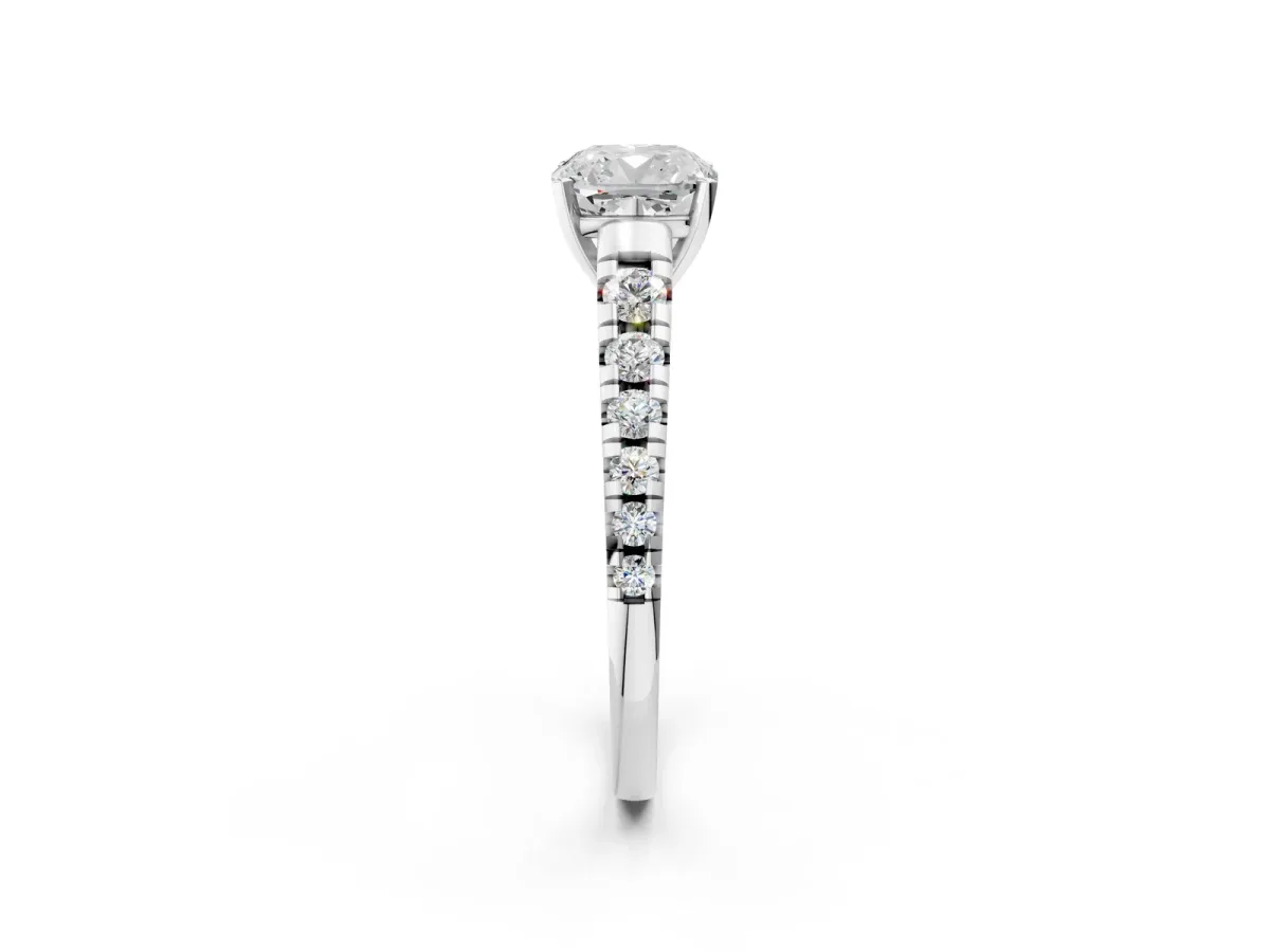 Cushion Cut Diamond Cathedral Solitaire Ring with Round Pavé Band White gold