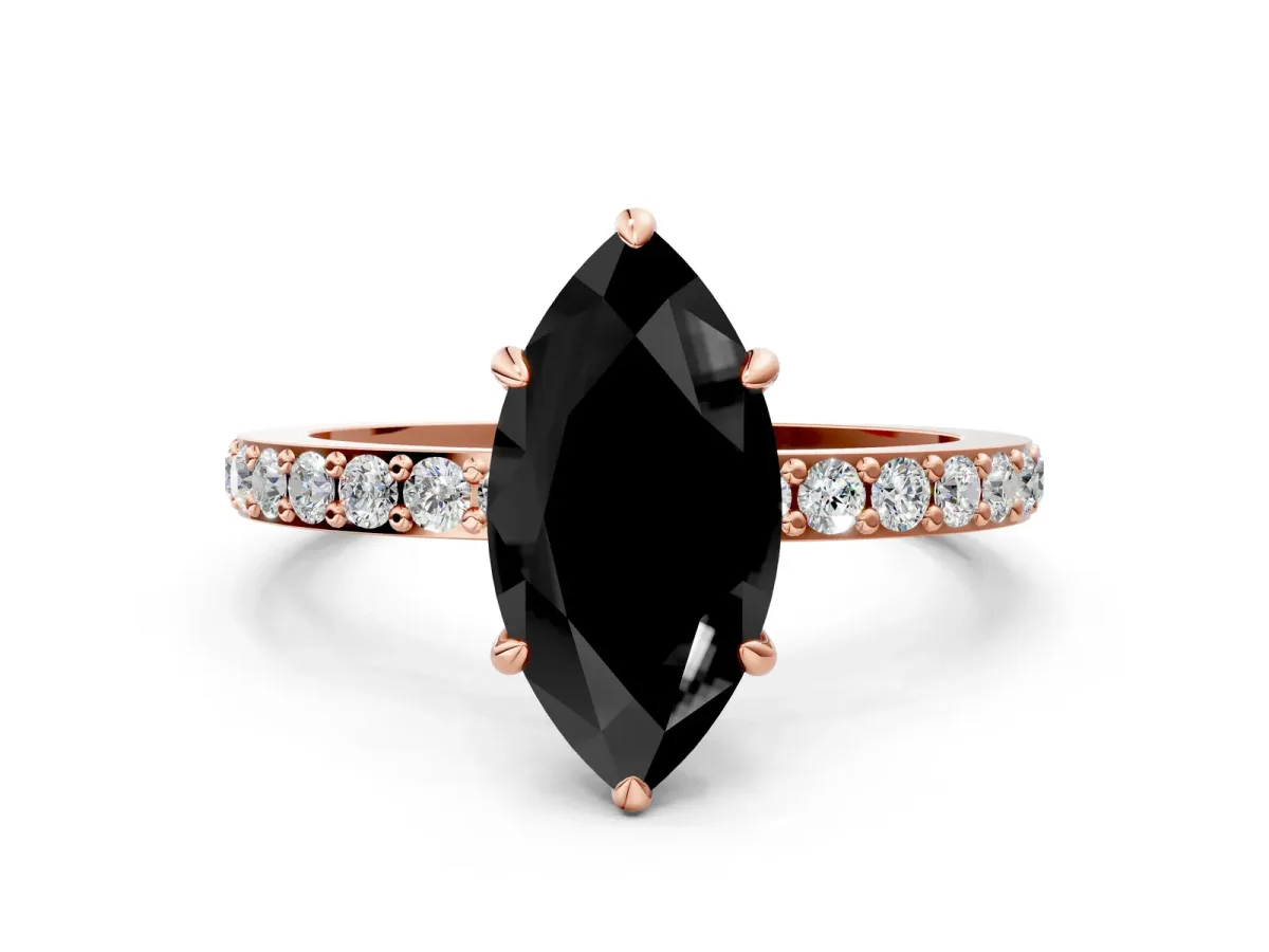 Fancy Black Marquise Cut Diamond Solitaire Engagement Ring with Pavé Band and Four-Prong Setting Rose gold